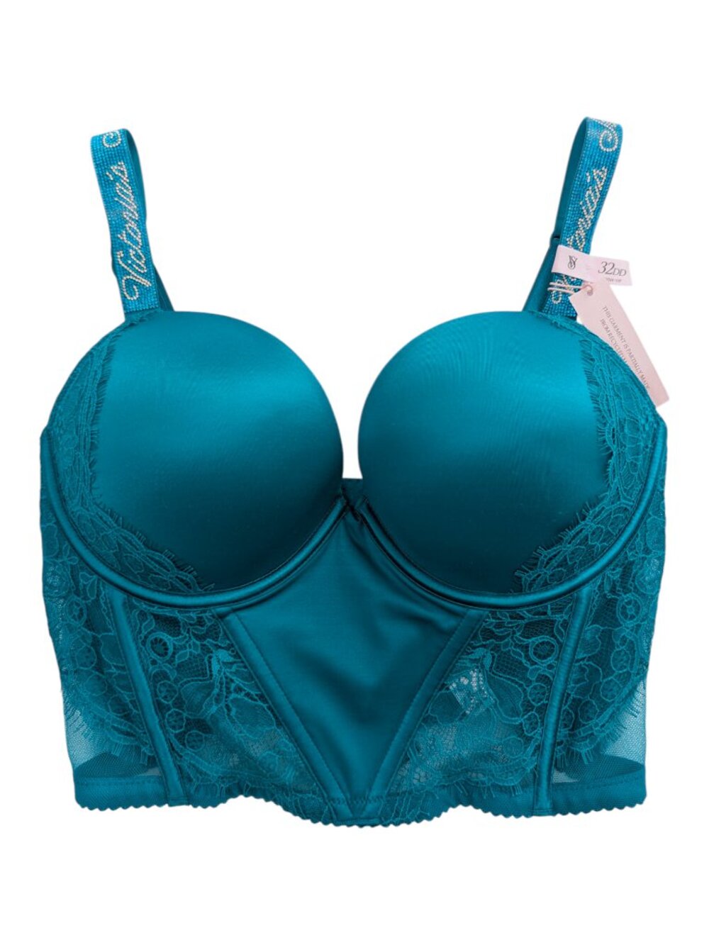 Victoria's Secret Shine Strap Bustier Bra Top Lace Turqoise Blue Push-up 32DD